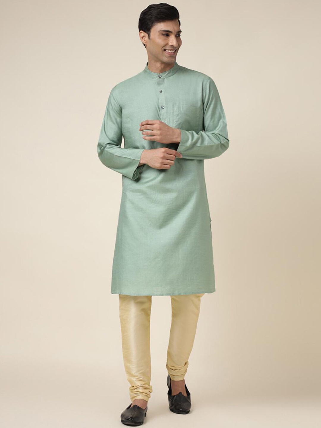 

Fabindia Band Collar Pure Silk Kurta, Green