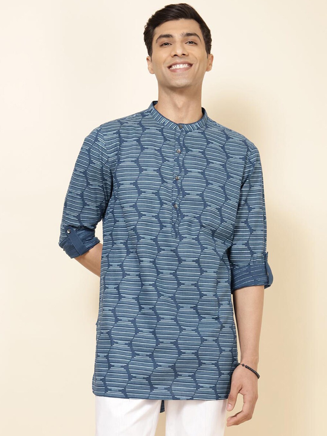 

Fabindia FabBasic Geometric Printed Band Collar Pure Cotton Kurta, Blue