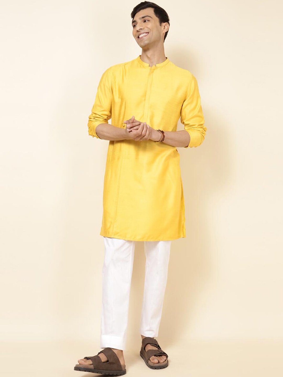Fabindia Mandarin Collar Straight Kurta, Yellow
