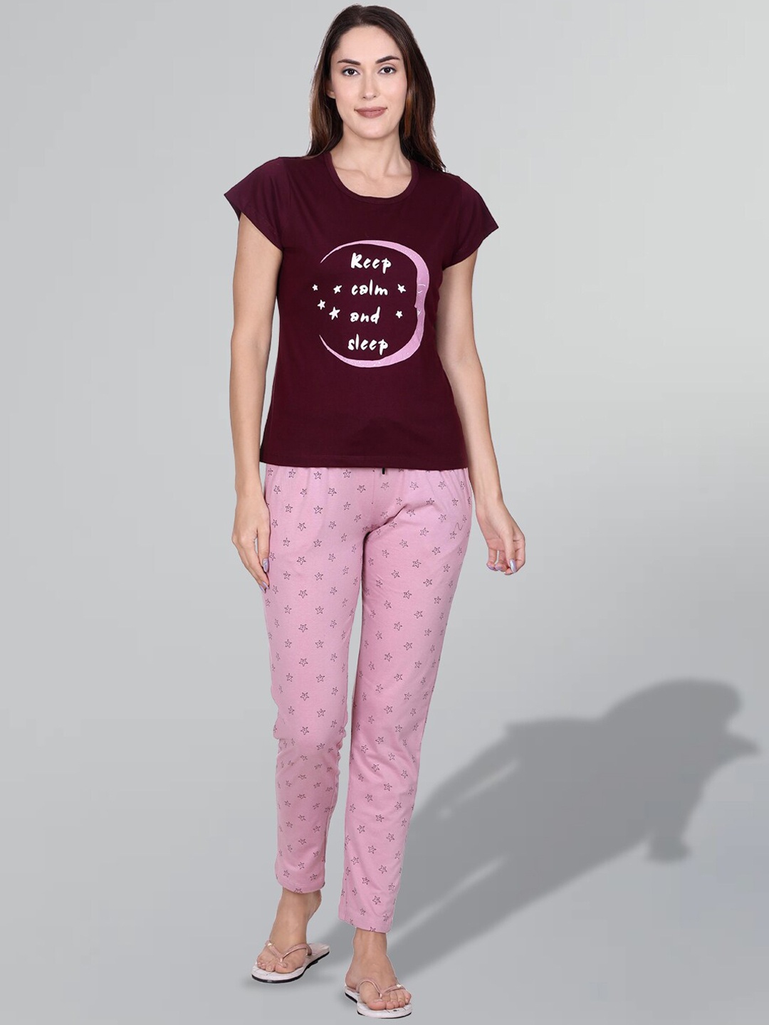

GODFREY Typography Printed Pure Cotton Night Suit, Burgundy