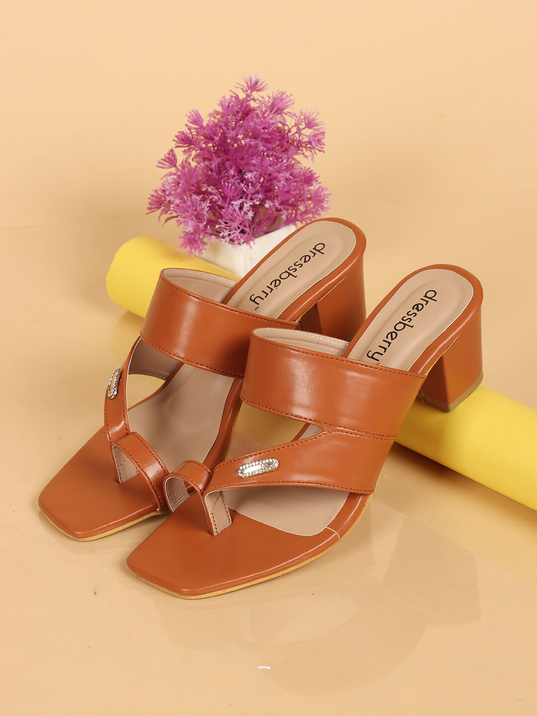 

DressBerry Tan Brown One Toe Block Heels