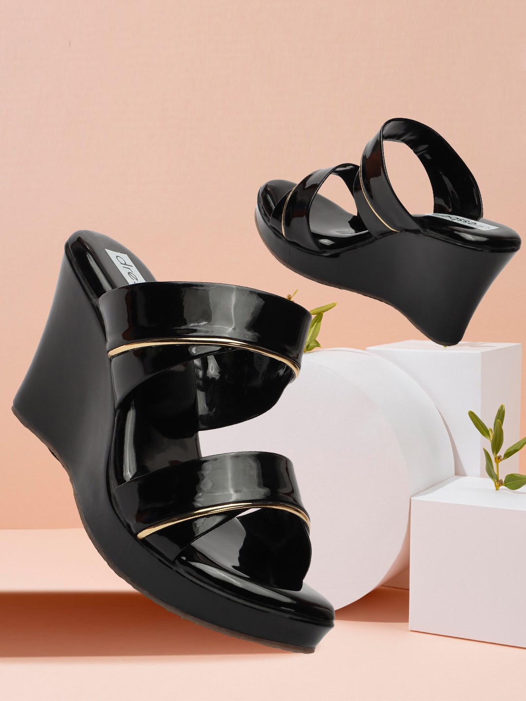 

DressBerry Black Double Strap Wedge Heels