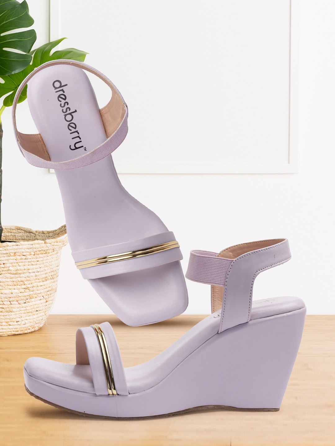 

DressBerry Lavender And Gold-Toned Open Toe Wedge Heels