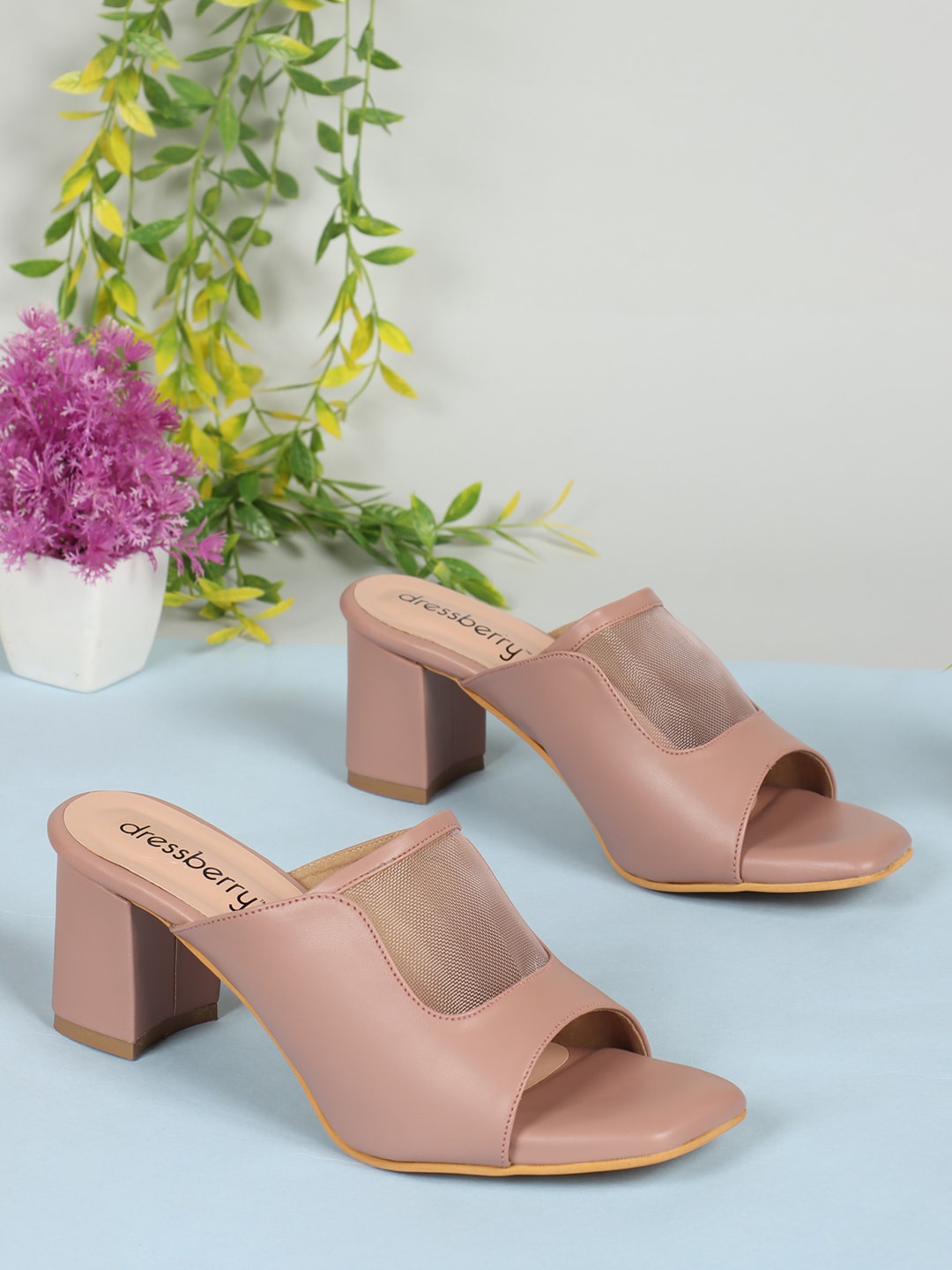 

DressBerry Peach-Coloured Open Toe Block Heel Mules