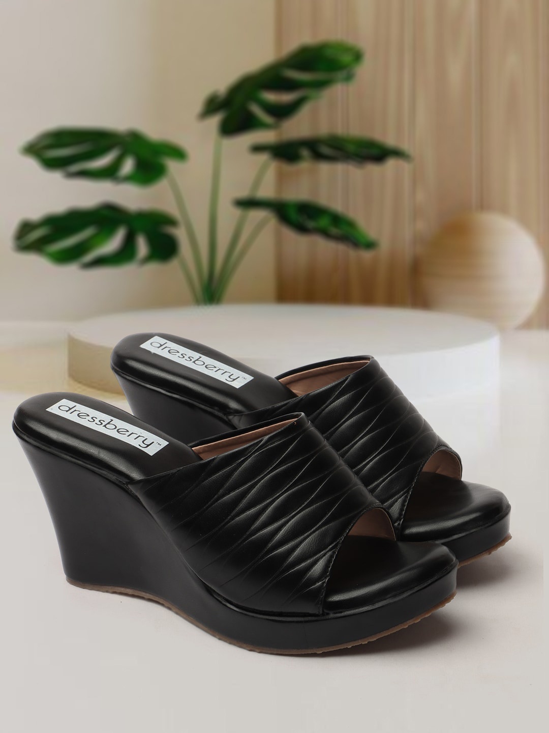 

DressBerry Black Textured Peep Toes Wedge Heels