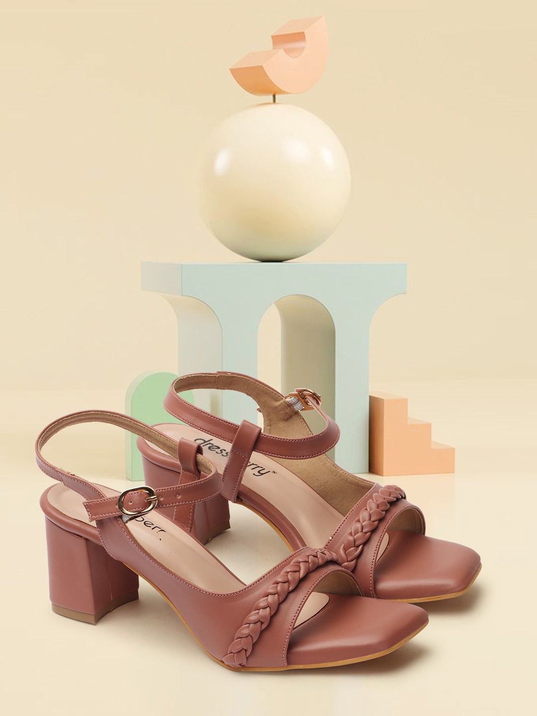 

DressBerry Peach-Coloured Braided Strap Block Heels