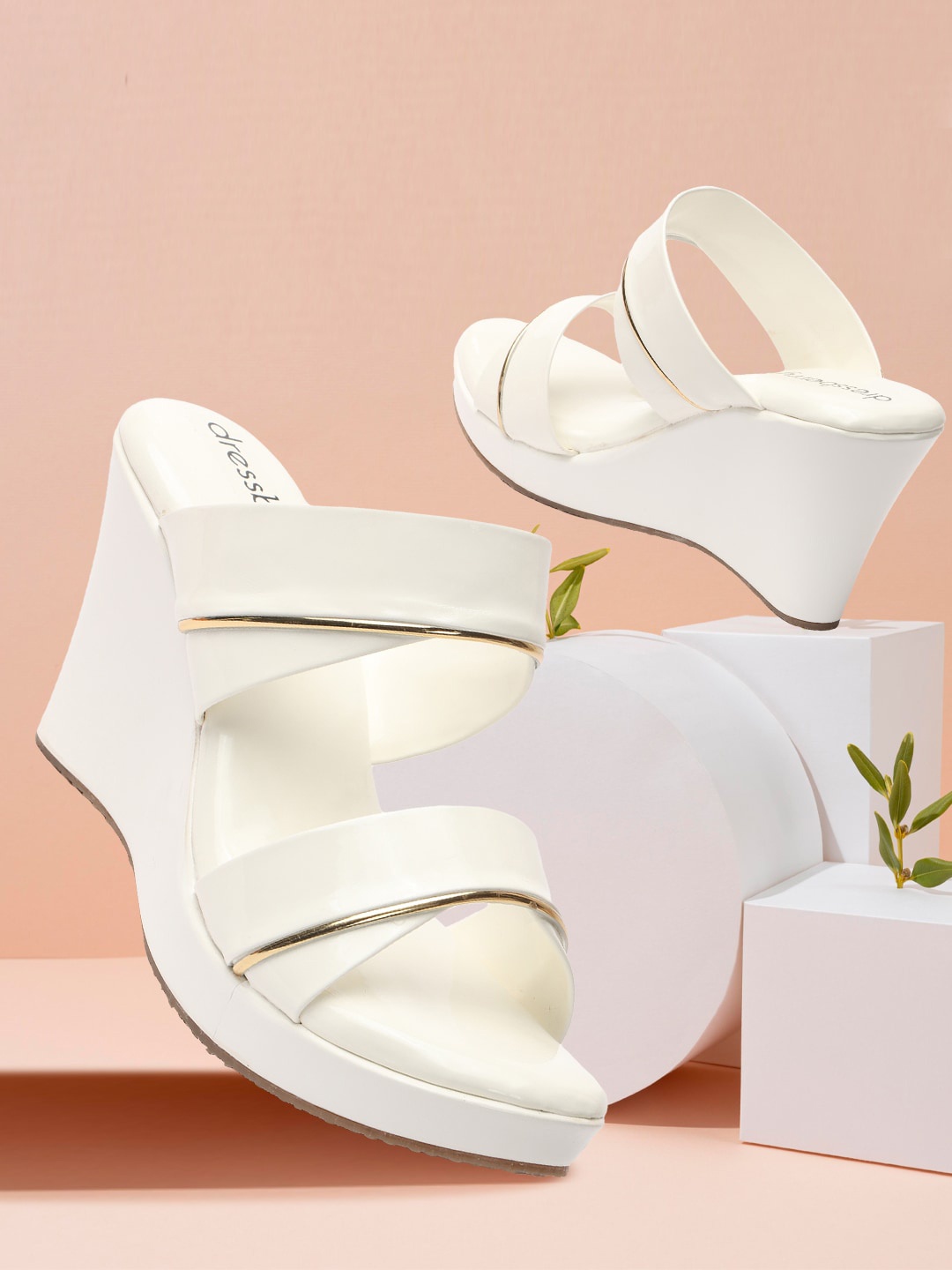 

DressBerry White And Gold-Toned Double Strap Wedge Heels