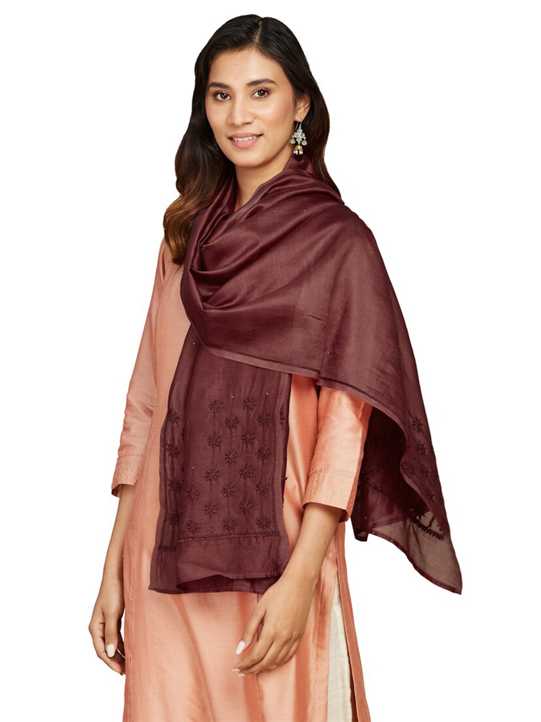 

Fabindia Women Floral Embroidered Cotton Silk Stole, Maroon