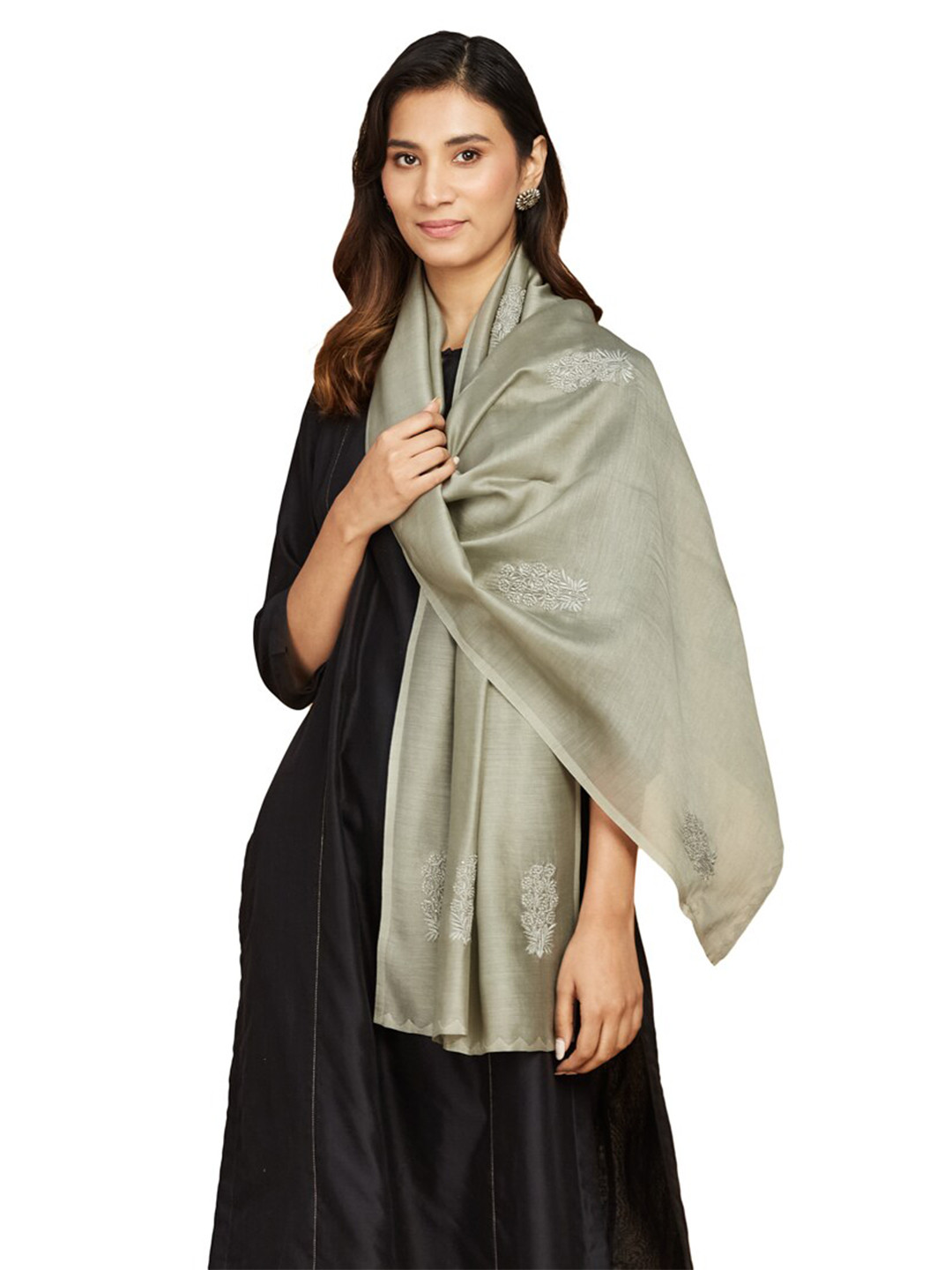 

Fabindia Women Embroidered Cotton Silk Stole, Grey