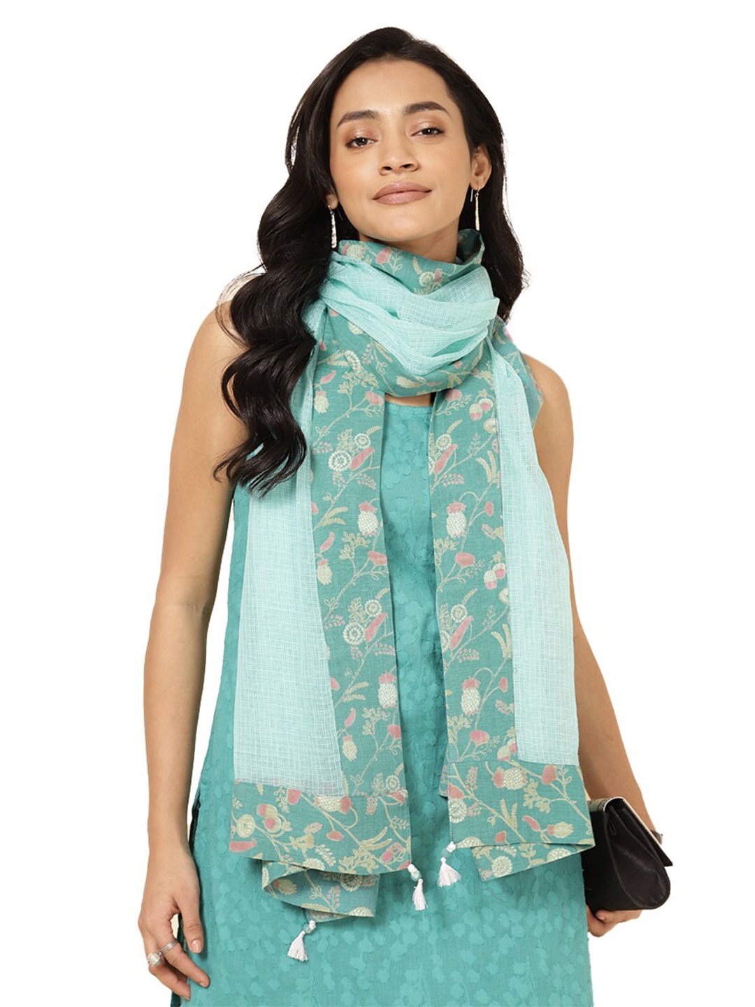 

Fabindia Women Floral Printed Cotton Silk Stole, Teal