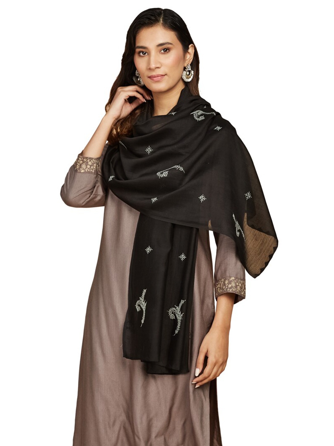 

Fabindia Women Embroidered Cotton Silk Stole, Black