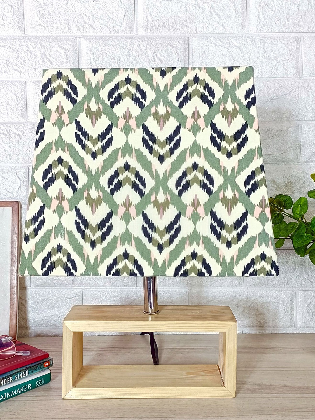 

POSH-N-PLUSH Cream Colored & Green Printed Shade Wooden Table Lamp