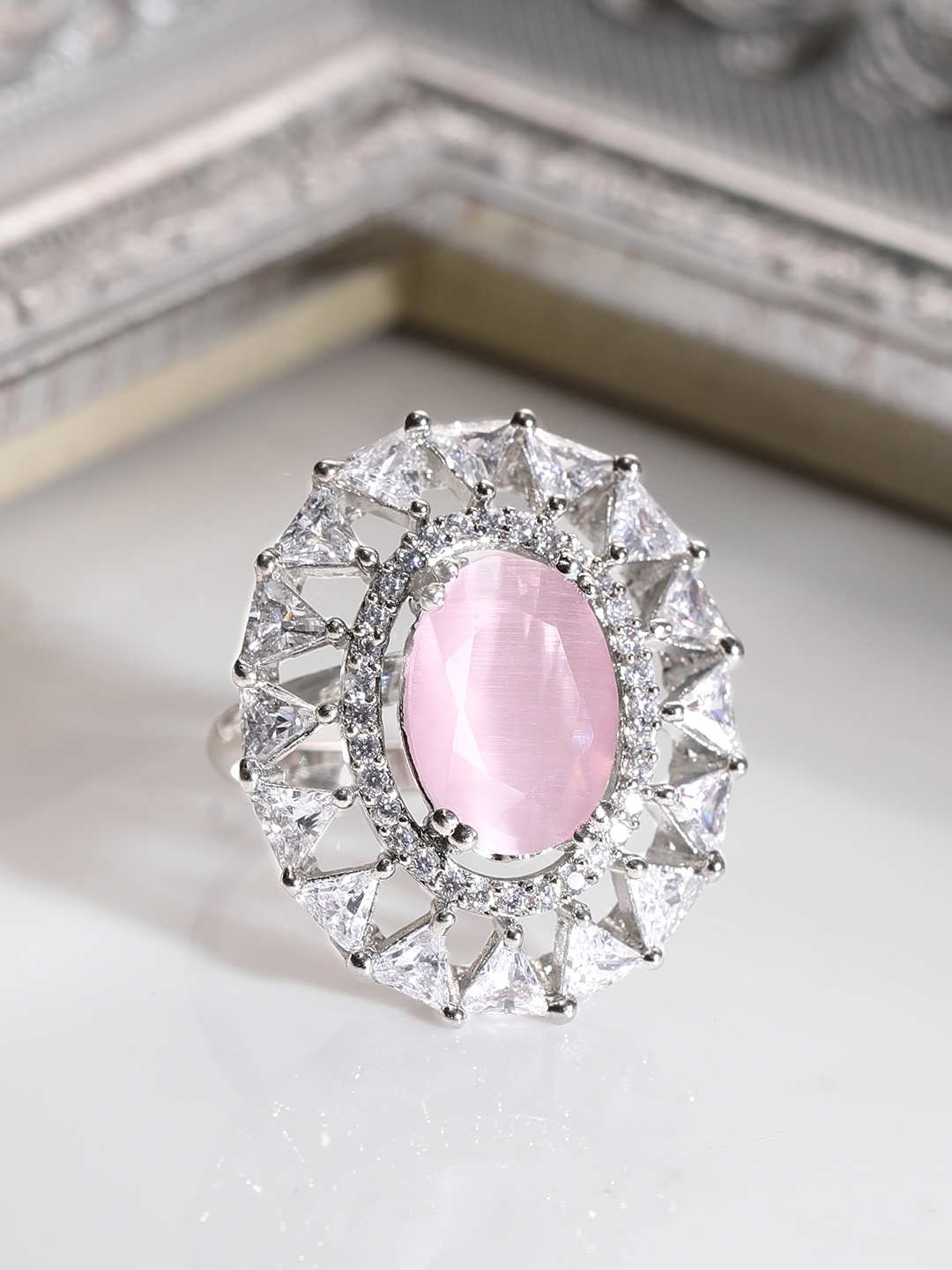 

Rubans Rhodium-Plated AD-Studded Adjustable Ring, Silver