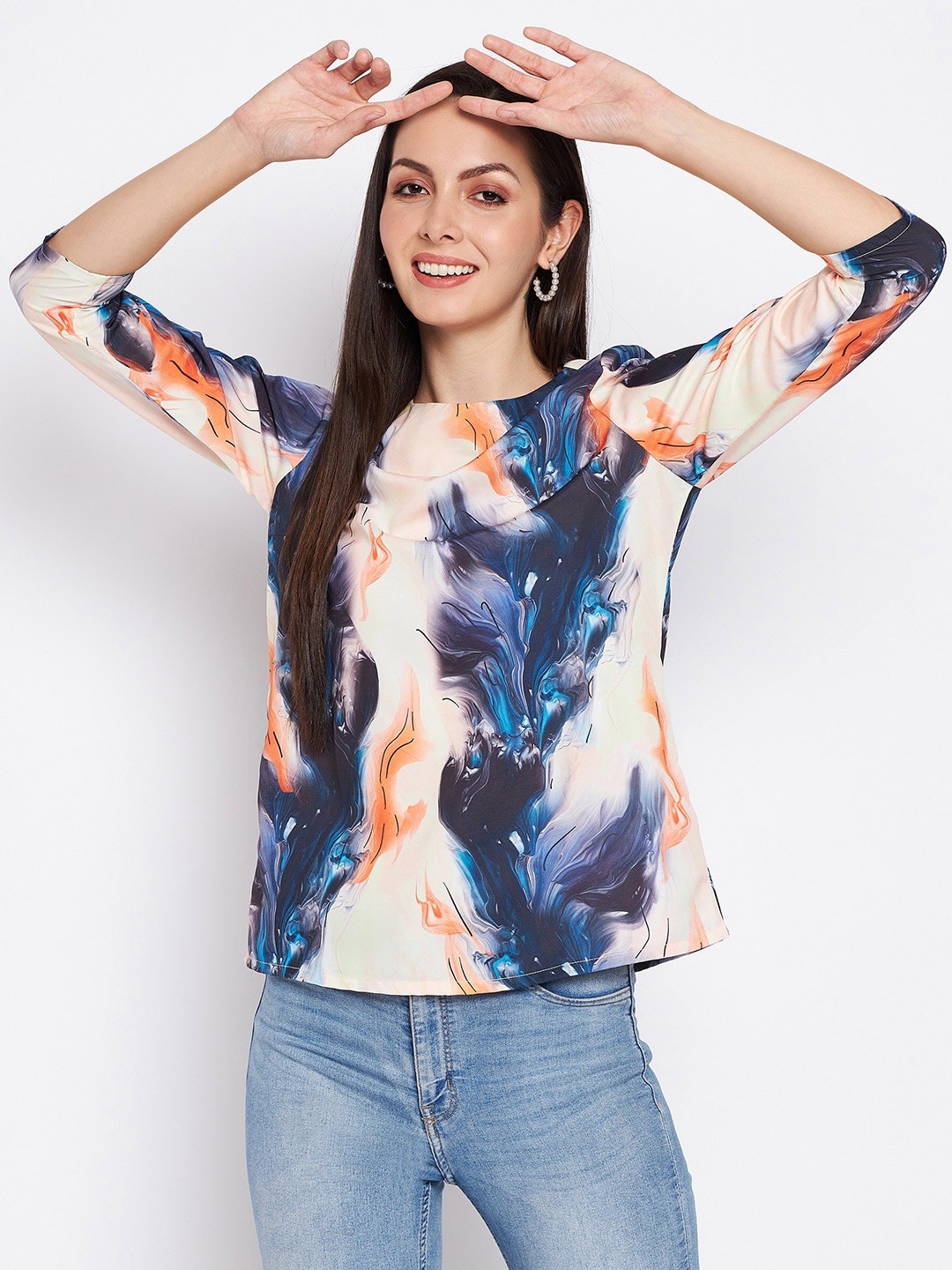 

BRINNS Abstract Printed Round Neck Crepe Top, Cream