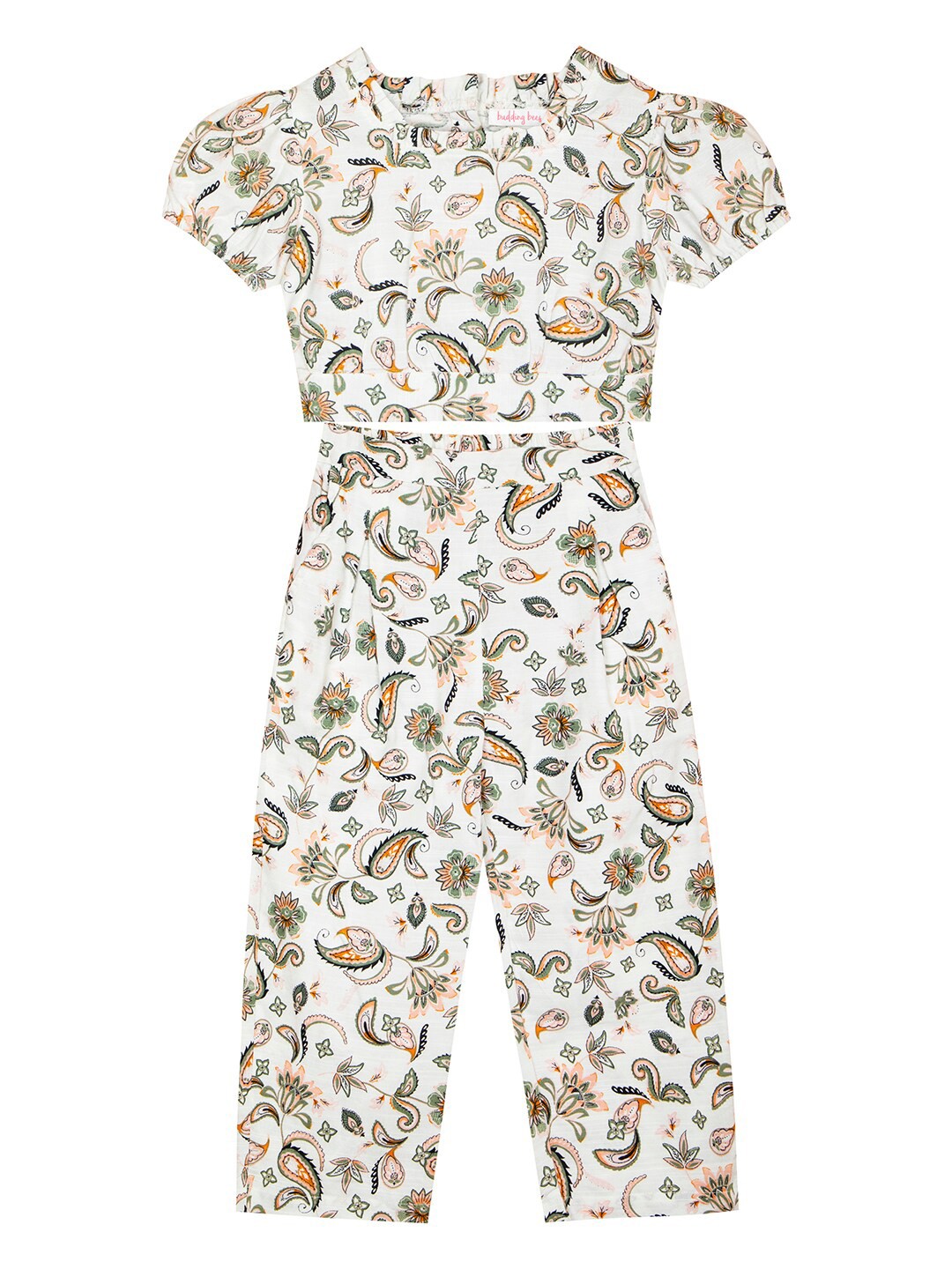 

Budding Bees Girls Paisley Printed Pure Cotton Top With Trousers Set, Beige