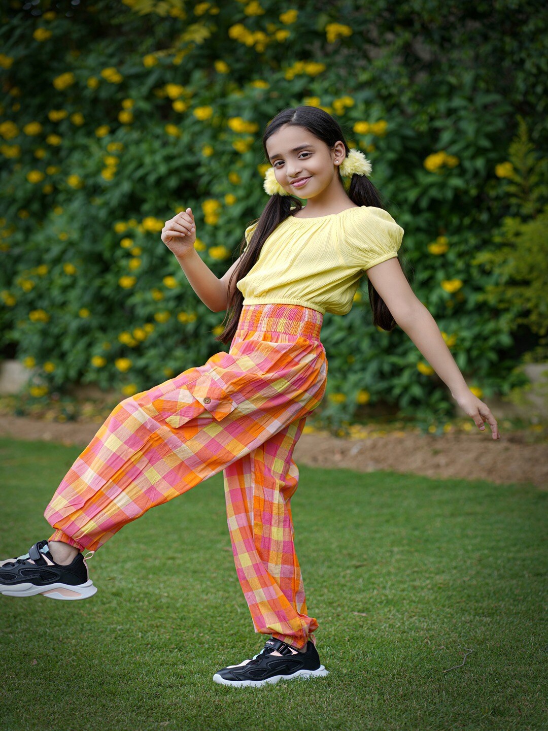 

Budding Bees Girls Pure Cotton Top With Checked Trousers Set, Orange