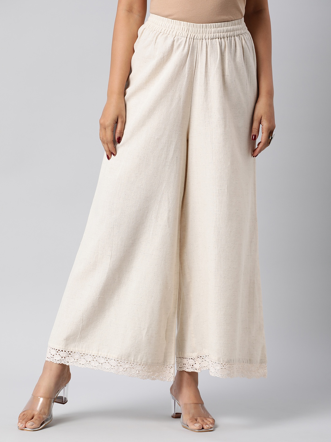 

KAMI KUBI Women Floral Hem Design Cotton Flared Palazzos, Off white