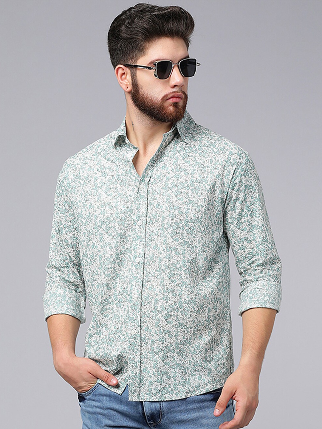 

A.T.U.N. Classic Floral Printed Casual Pure Cotton Shirt, Sea green