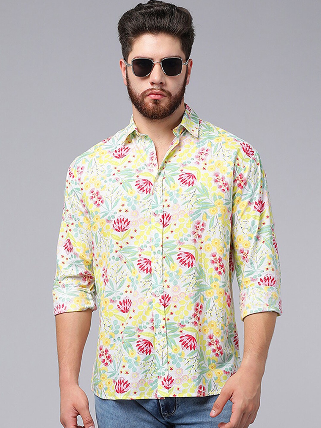 

A.T.U.N. Classic Floral Printed Casual Pure Cotton Shirt, White