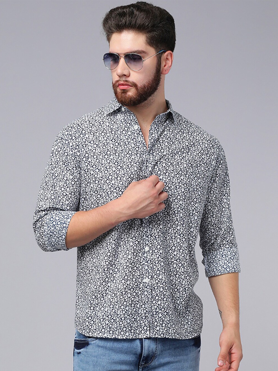 

A.T.U.N. Classic Floral Printed Casual Pure Cotton Shirt, Navy blue