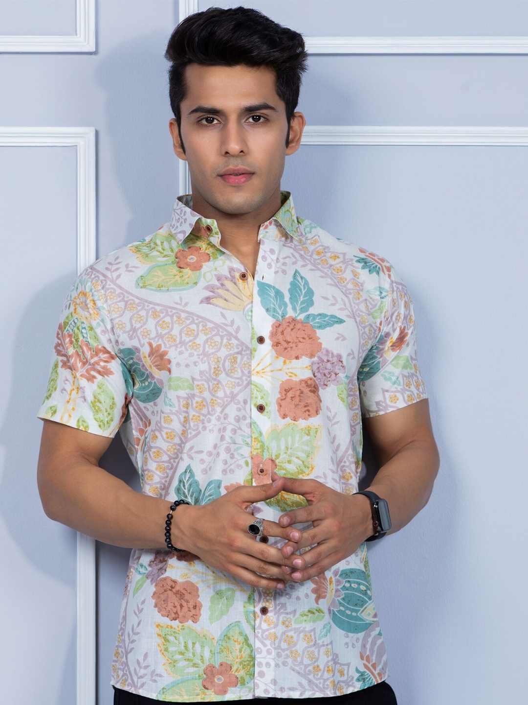 

Firangi Yarn Classic Floral Printed Casual Cotton Shirt, White