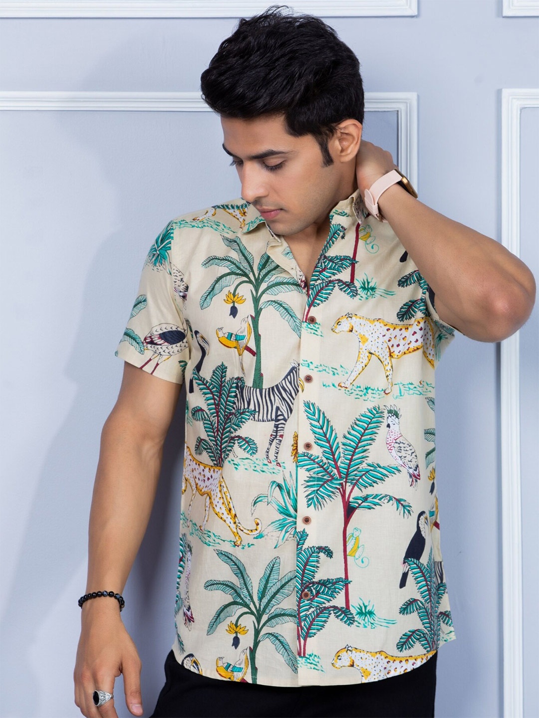 

Firangi Yarn Classic Tropical Printed Casual Cotton Shirt, Beige