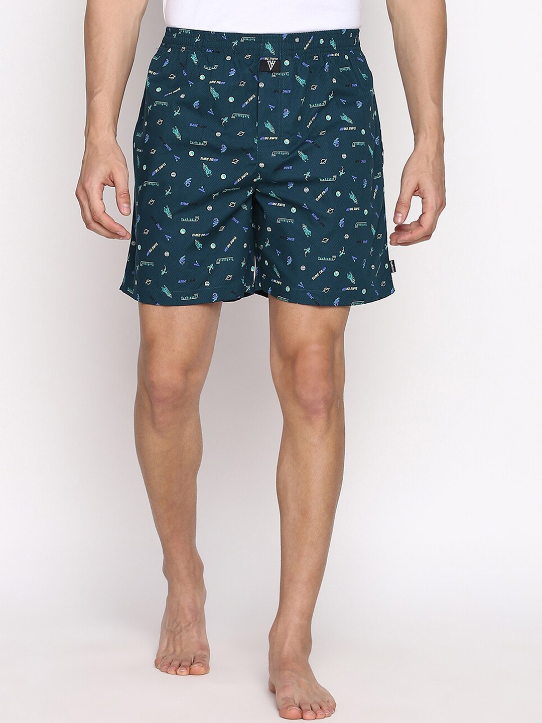 

Van Heusen Men Allover Print Side Pocket Side Slits Boxer Shorts, Teal