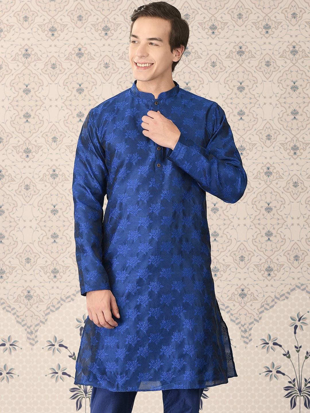 

Ode by House of Pataudi Blue Floral Woven Design Jacquard Kurta