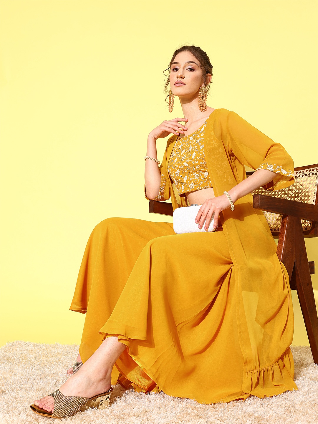 

Libas Embellished Top With Palazzos & With Shrug, Mustard