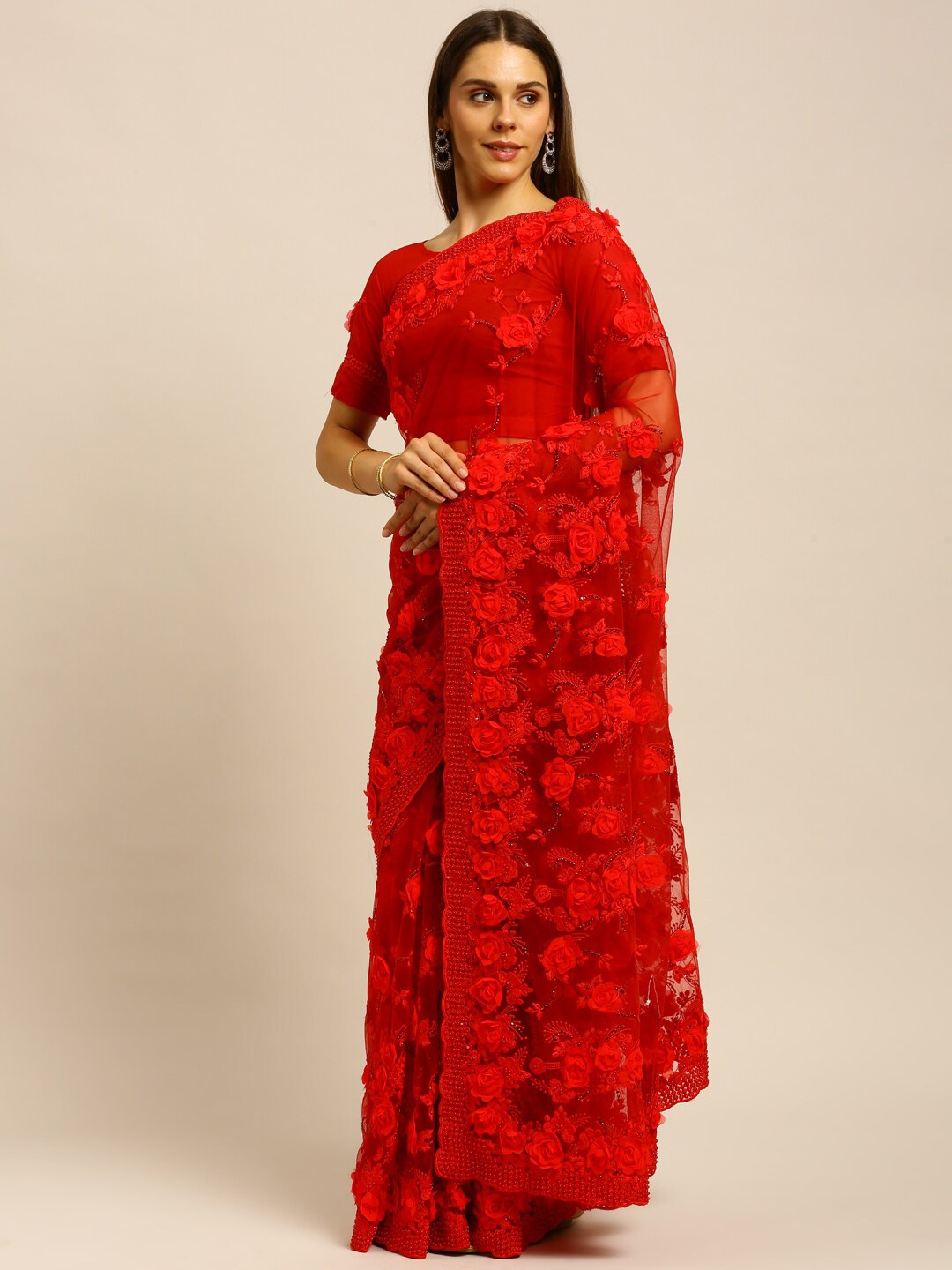 

kasee Floral Embroidered Net Saree, Red