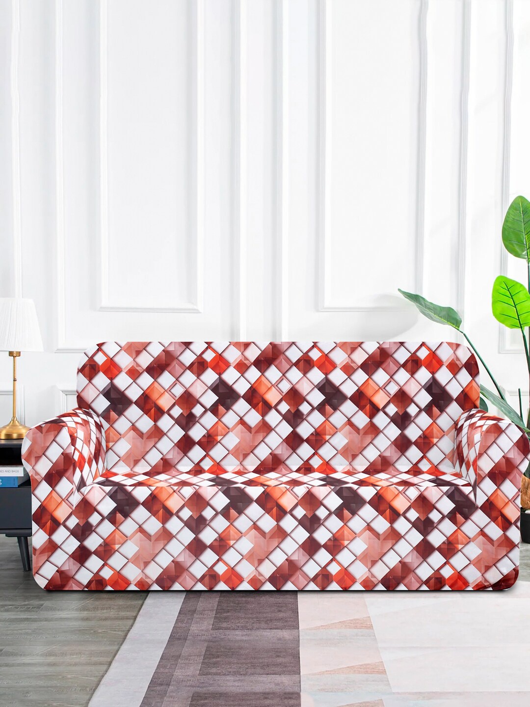 

MULTITEX Red & White Geometric Printed Elasticated 3 Seater Sofa Cover