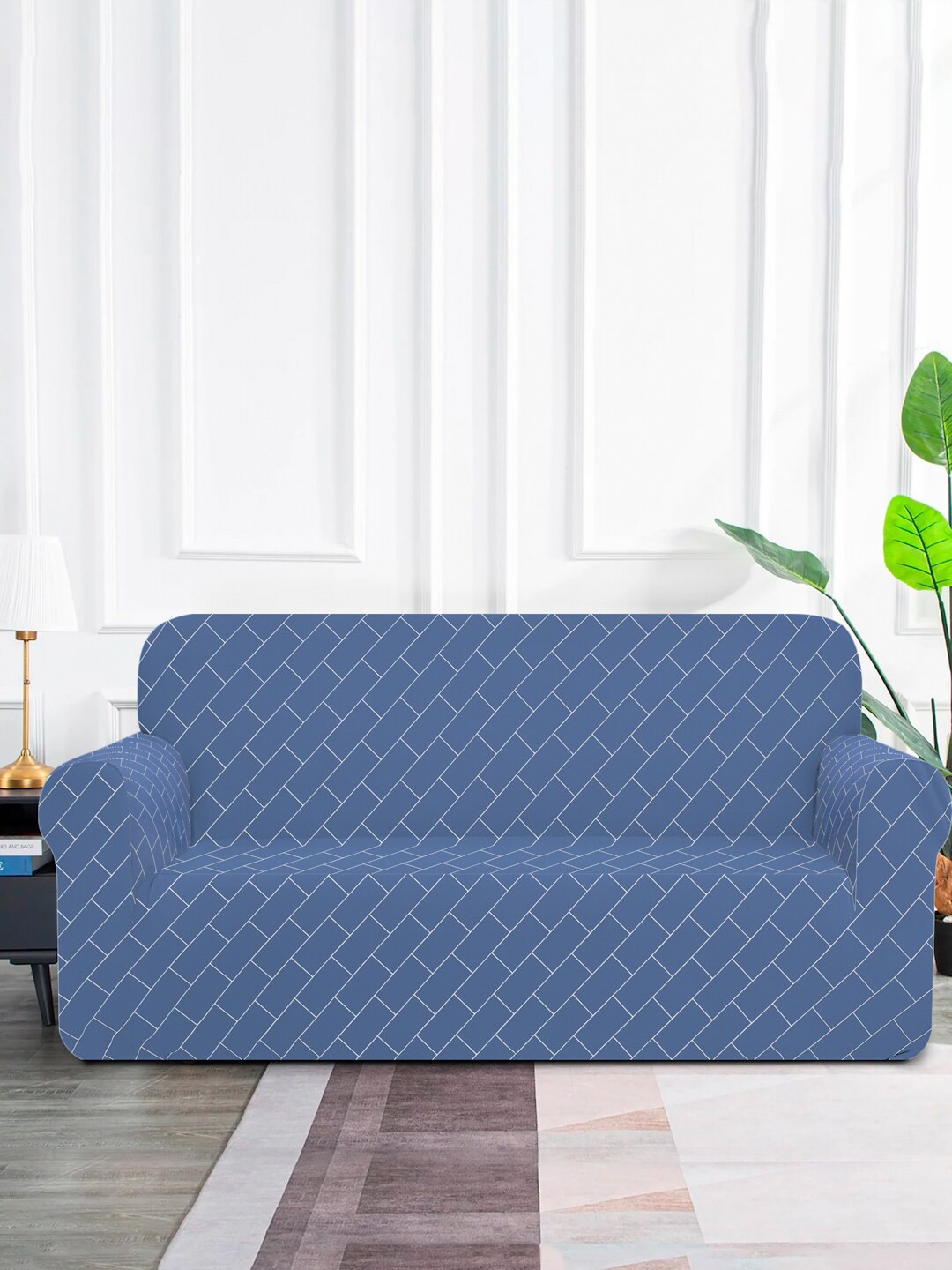 

MULTITEX Turquoise Blue & White Geometric Printed Elasticated 3 Seater Sofa Cover