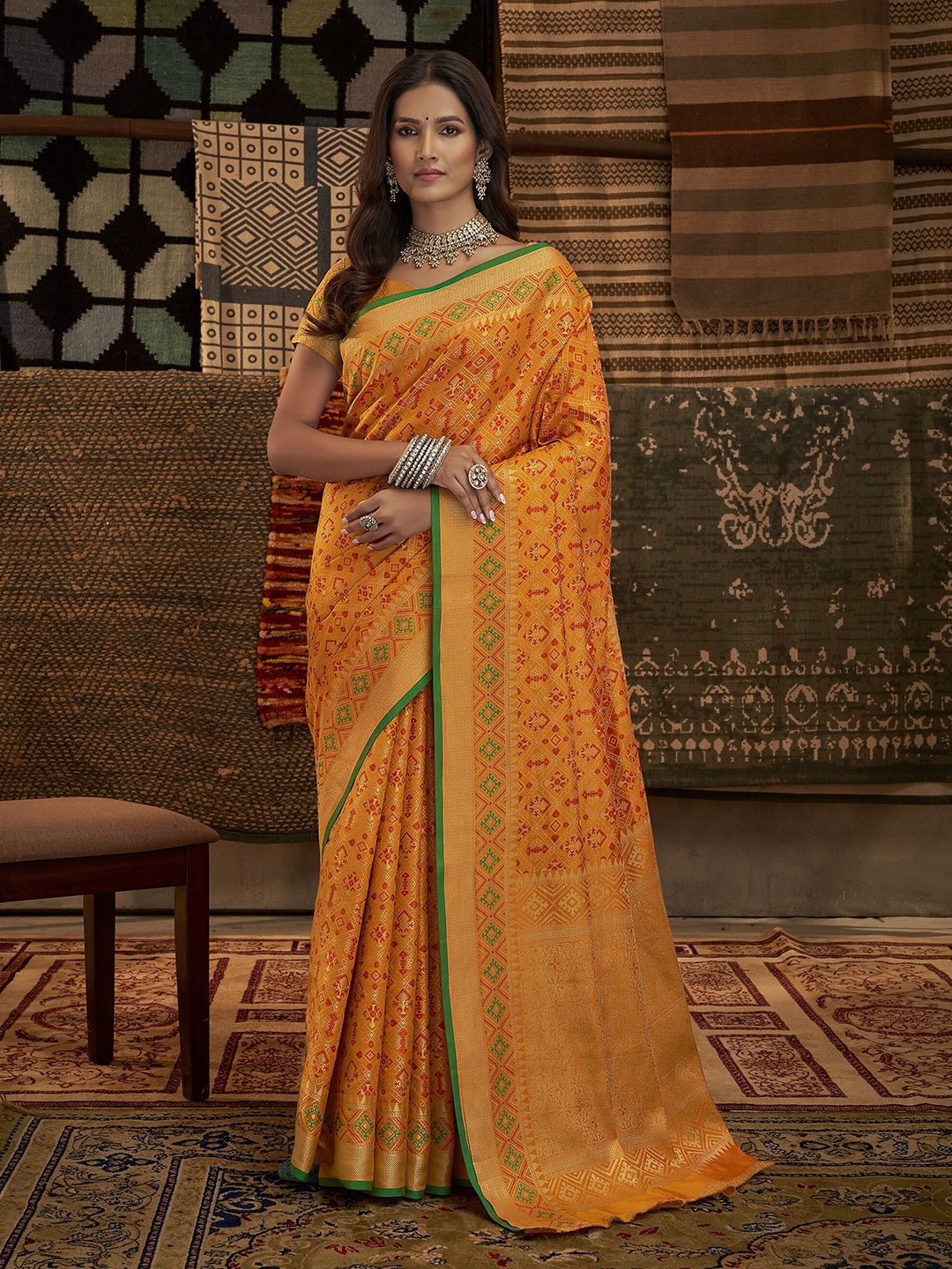 

DIVASTRI Ethnic Woven Design Zari Pure Silk Mysore Silk Saree, Mustard