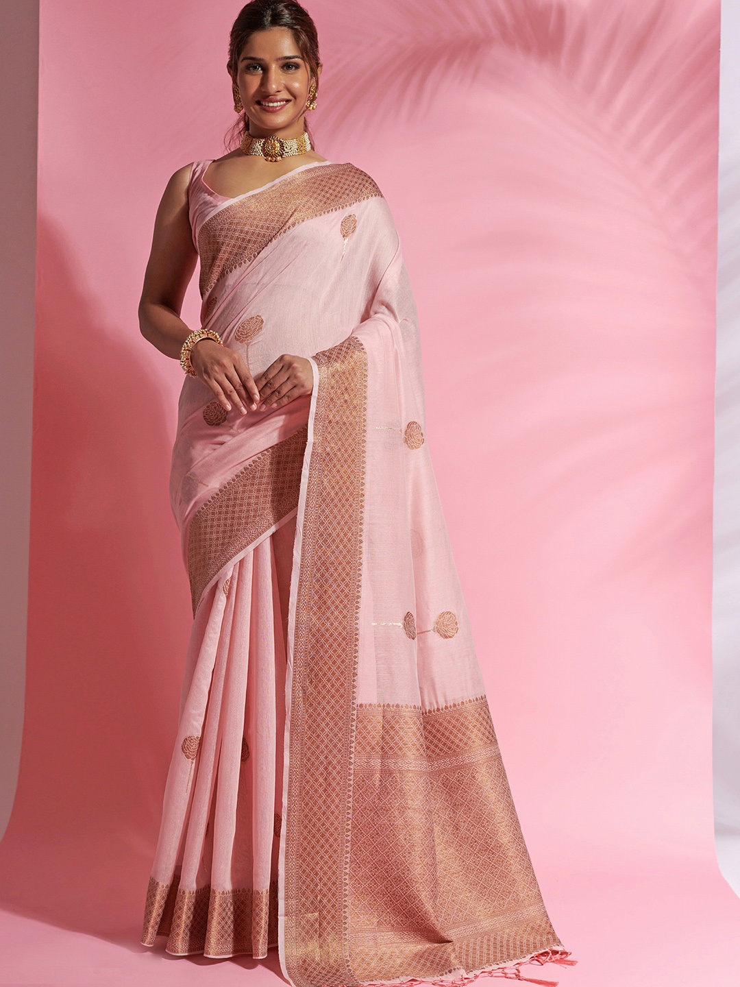 

DIVASTRI Ethnic Motifs Woven Design Zari Pure Cotton Saree, Pink