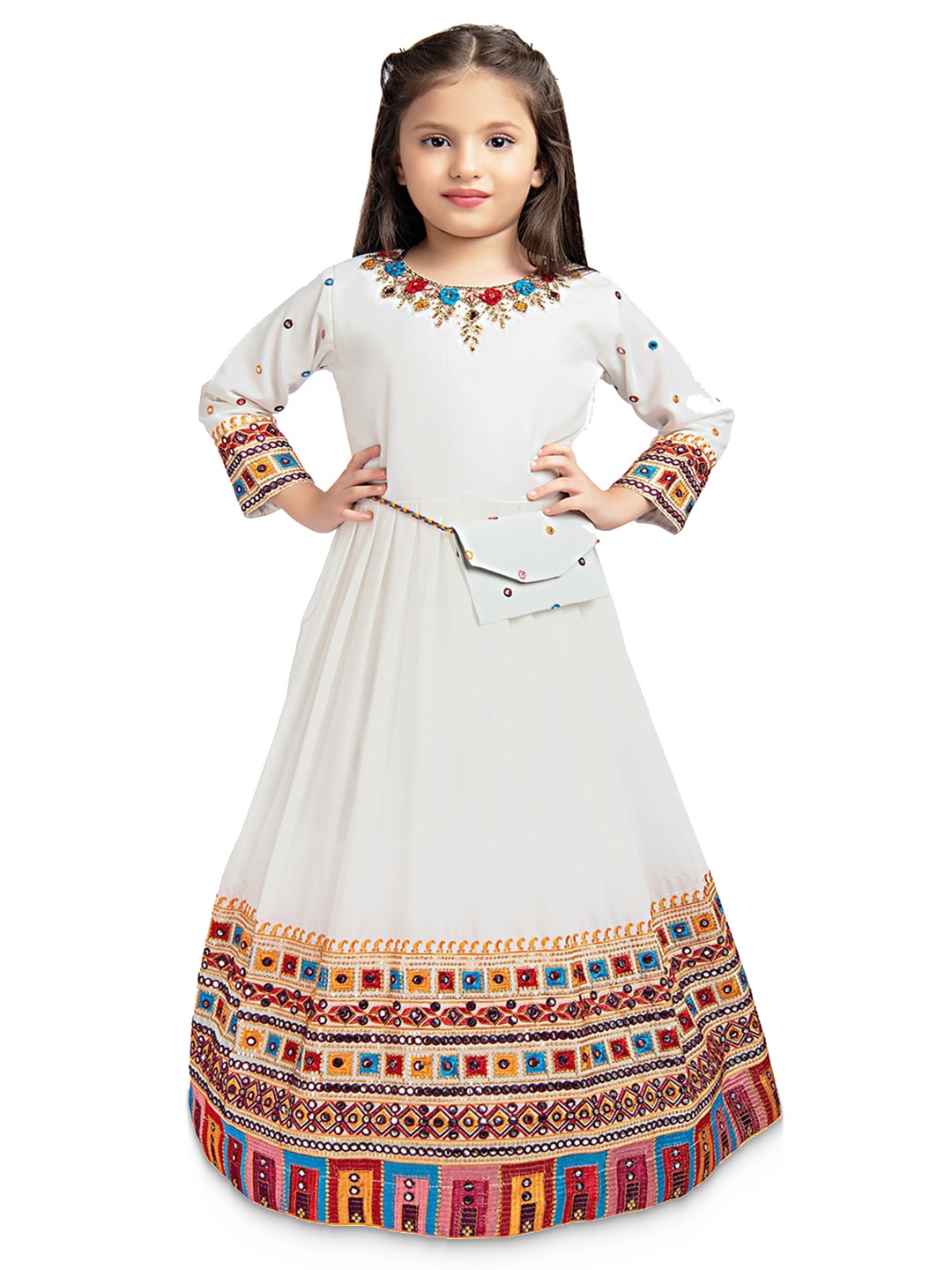

Tiny Kingdom Girls Ethnic Motifs Embroidered Maxi Georgette Ethnic Dress With Purse, White