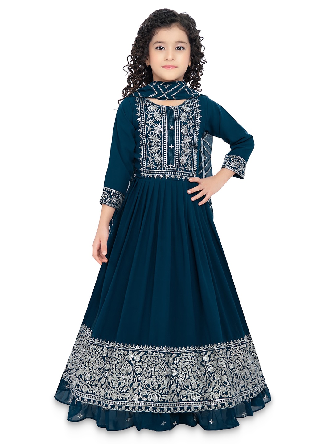 

Tiny Kingdom Girls Floral Embroidered Maxi Ethnic Dress With Dupatta, Blue