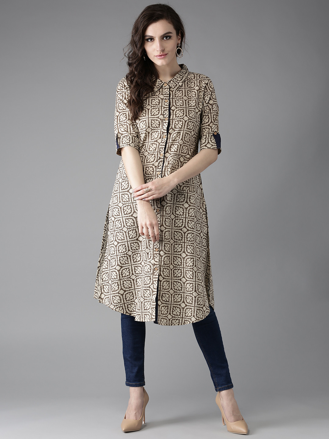 

HERE&NOW Women Beige & Brown Printed A-Line Kurta