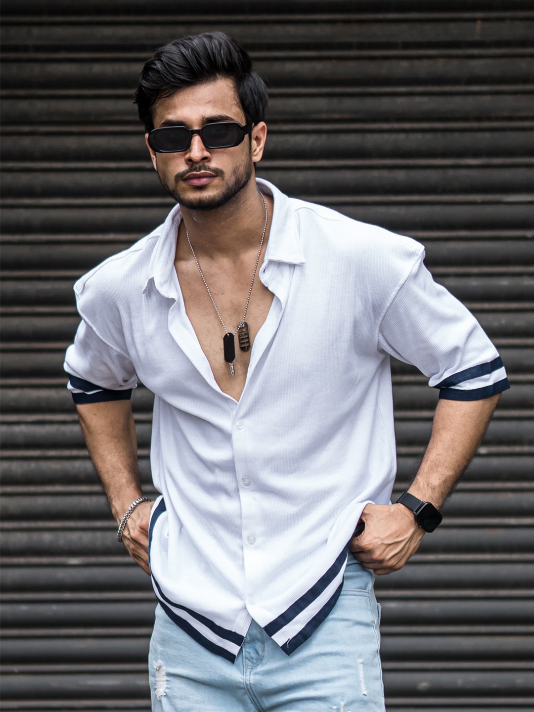 

Powerlook White & Navy Blue Horizontal Striped Spread Collar Shirt