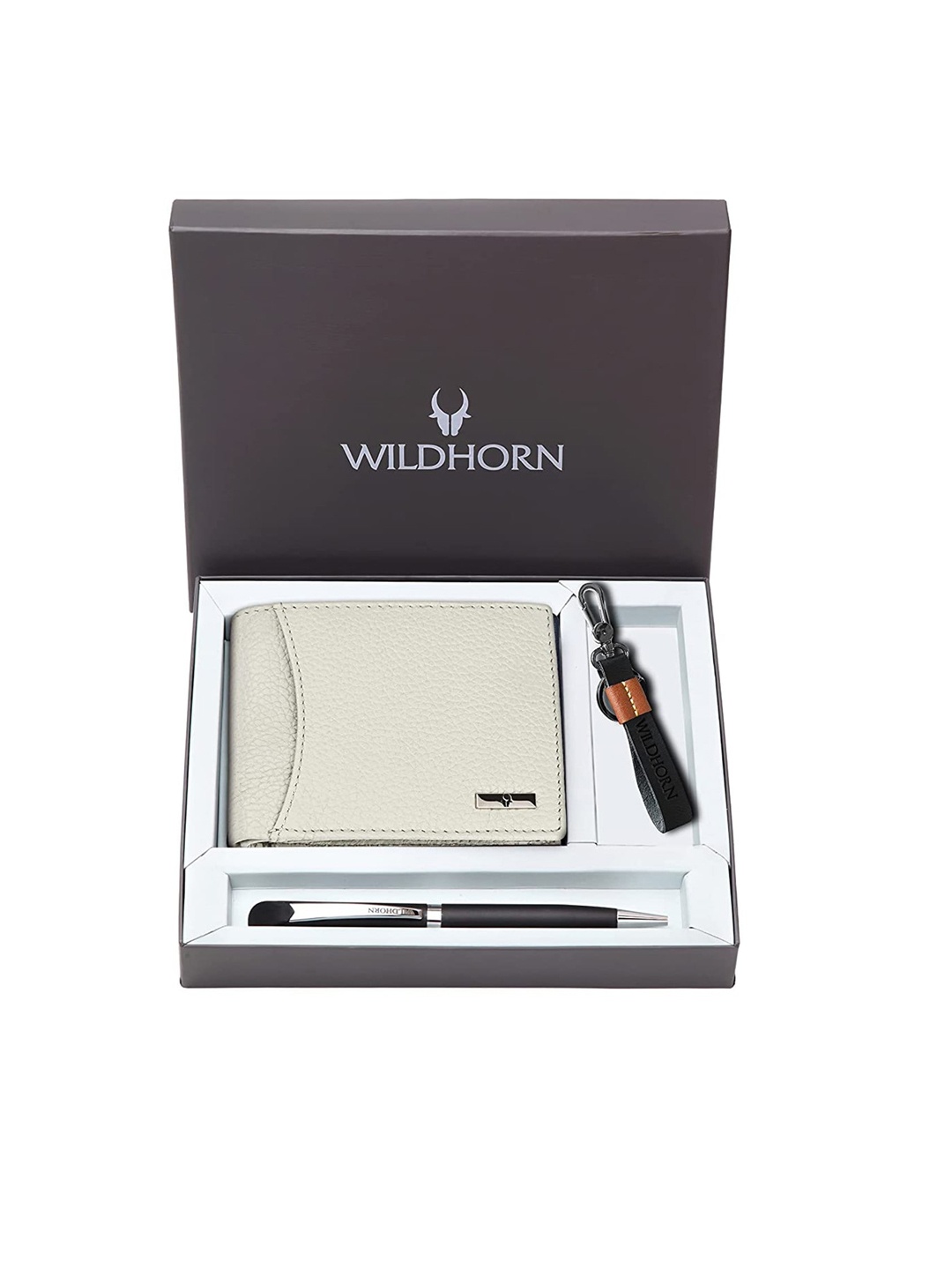 

WildHorn Men Leather Wallet, Keychain & Pen Accessory Gift Set, Beige
