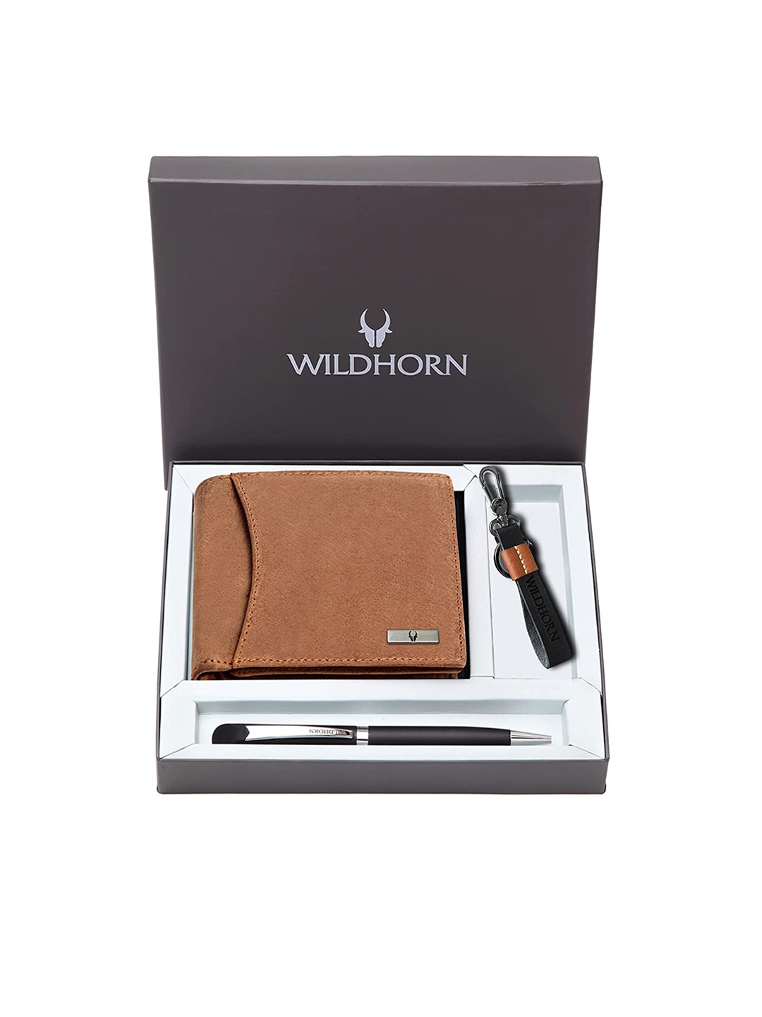 

WildHorn Men Leather Wallet, Keychain & Pen Accessory Gift Set, Tan