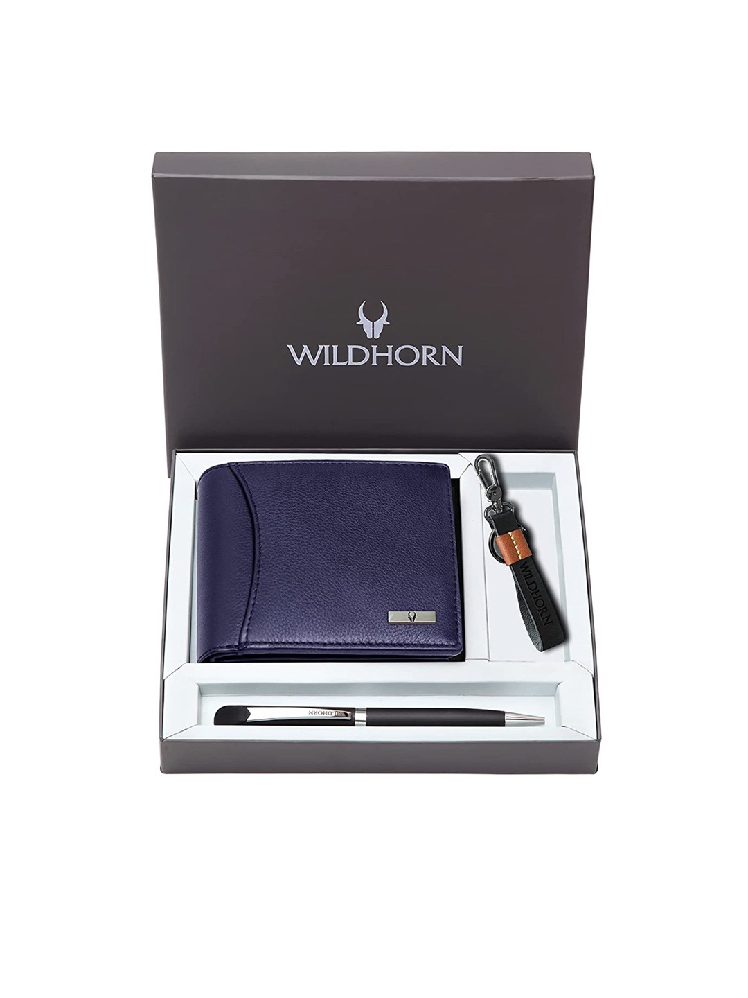 

WildHorn Men Leather Wallet, Keychain & Pen Accessory Gift Set, Blue