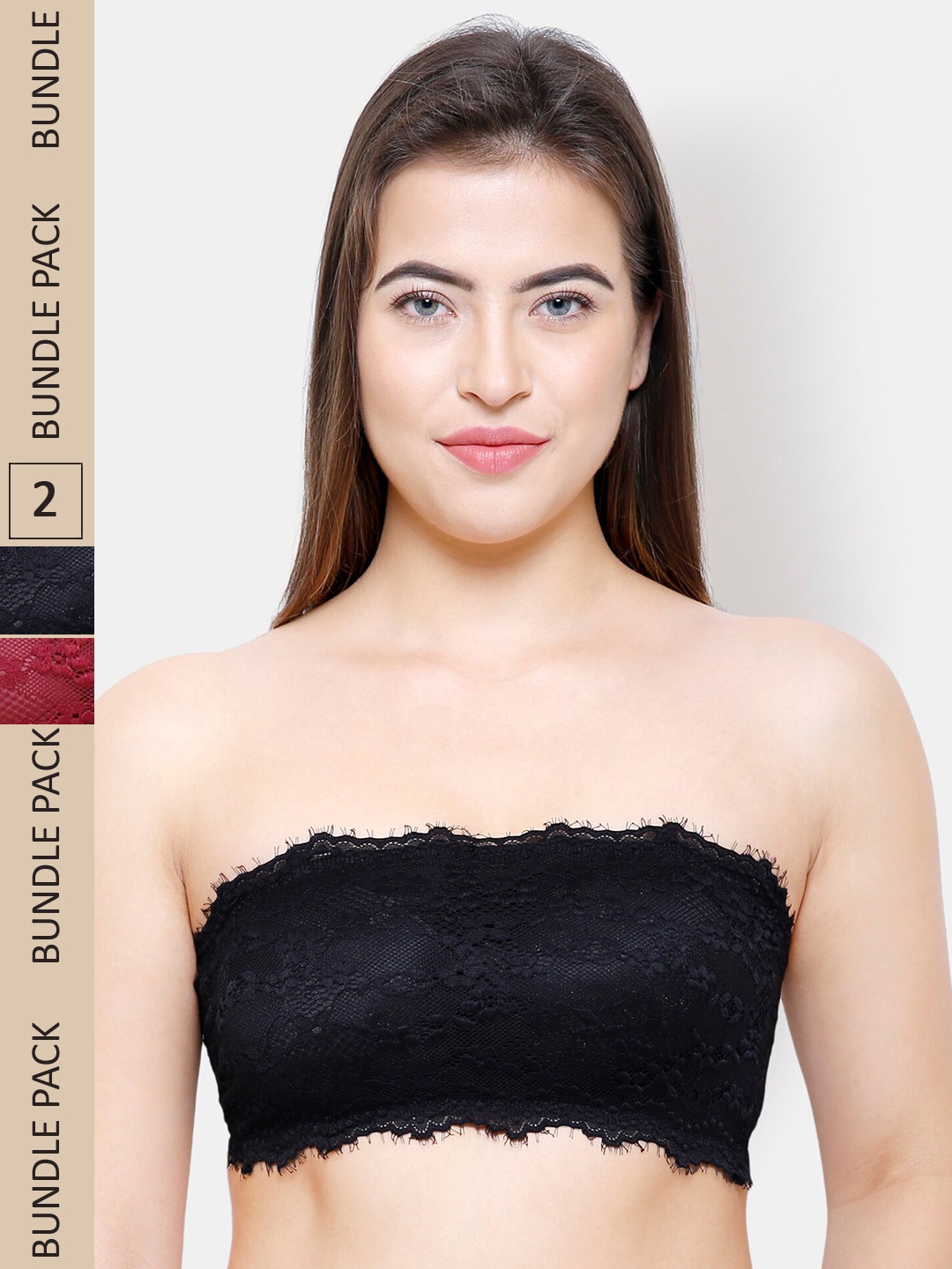 

NOIRA Pack Of 2 Lace Half Coverage All Day Comfort Lightly Padded Bandeau Bra, Black