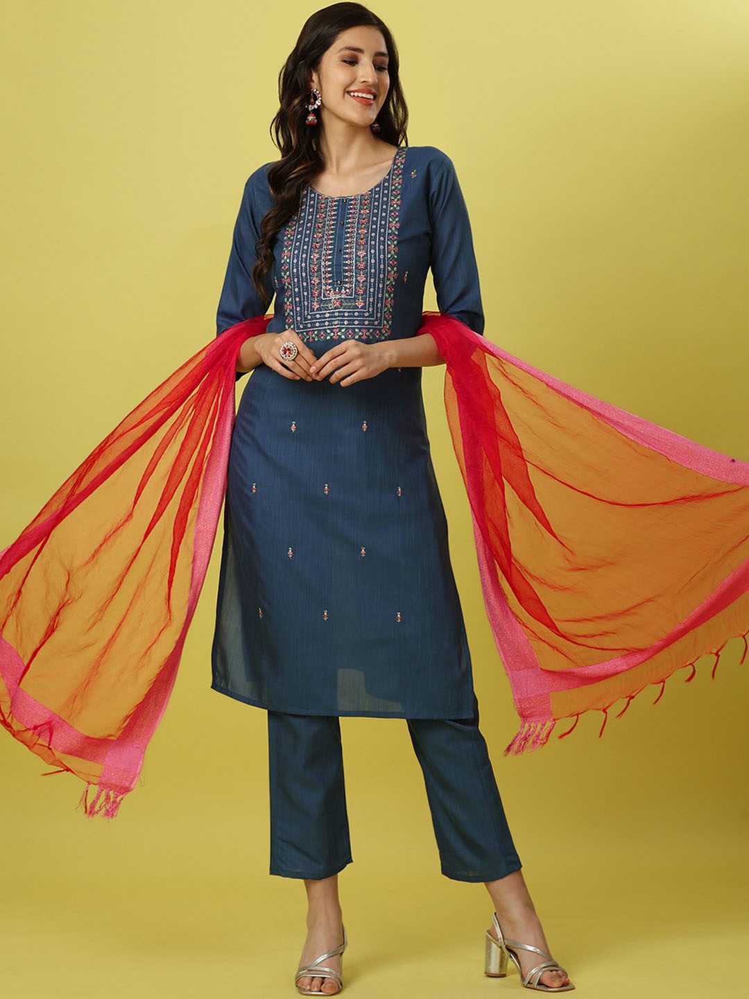 

ASPORA Floral Embroidered Mirror Work Kurta with Trousers & Dupatta, Blue