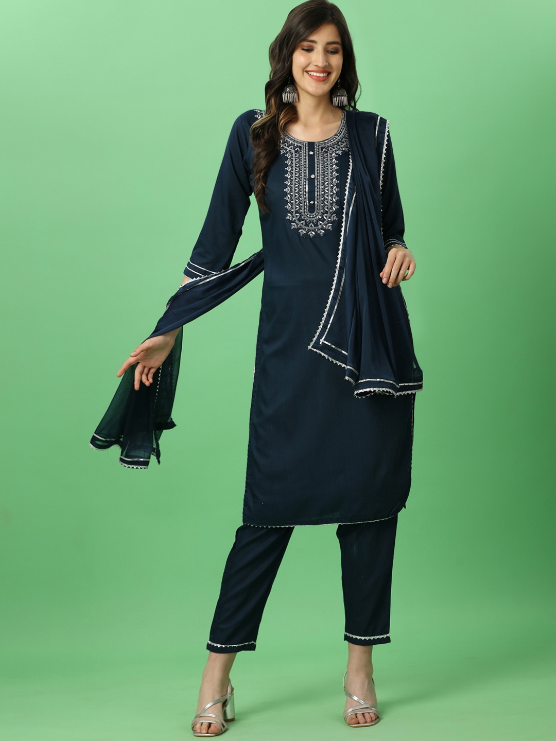 

ASPORA Floral Embroidered Gotta Patti Kurta with Trousers & Dupatta, Navy blue