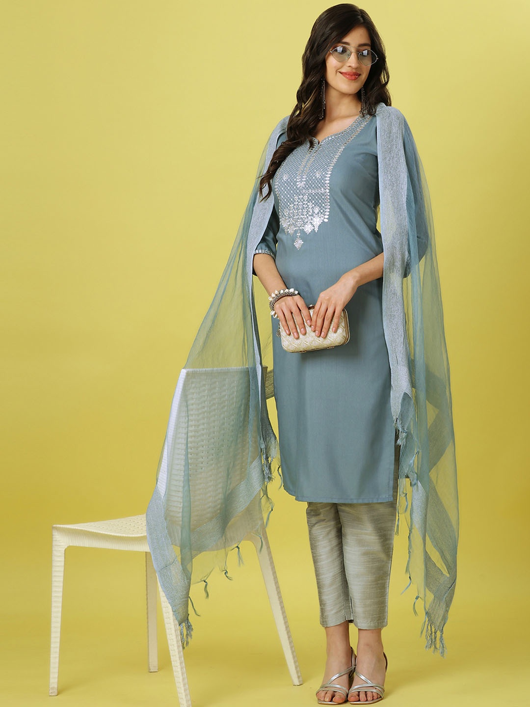 

ASPORA Ethnic Motifs Yoke Design Sequined Kurta with Trousers & Dupatta, Grey