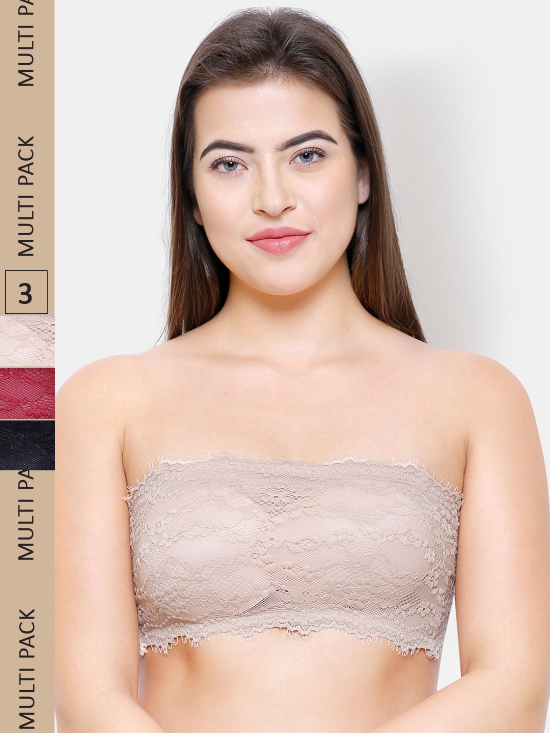 

NOIRA Pack Of 3 Lace Half Coverage All Day Comfort Lightly Padded Bandeau Bra, Beige