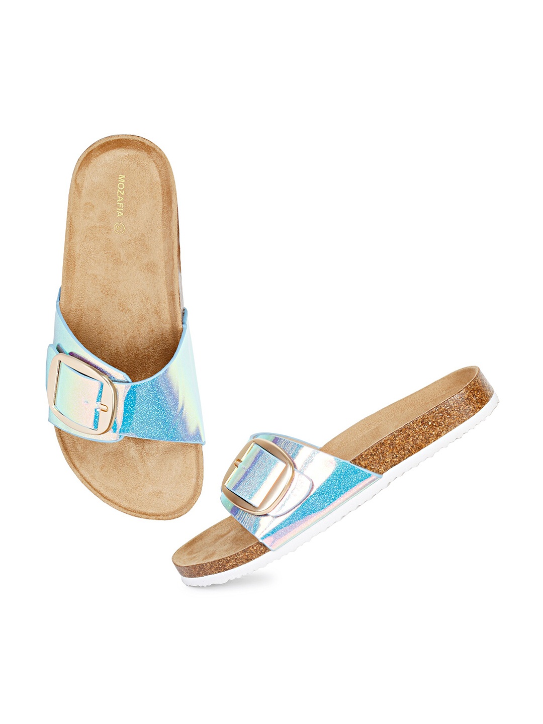 

MOZAFIA Buckled Textured Open Toe Flats, Blue