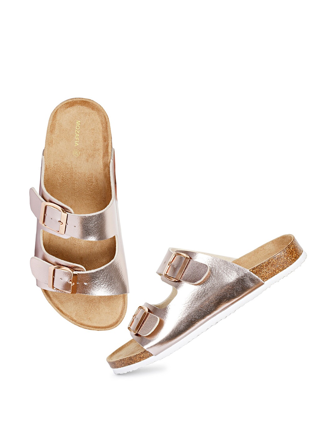 

MOZAFIA Buckled Textured Open Toe Flats, Champagne