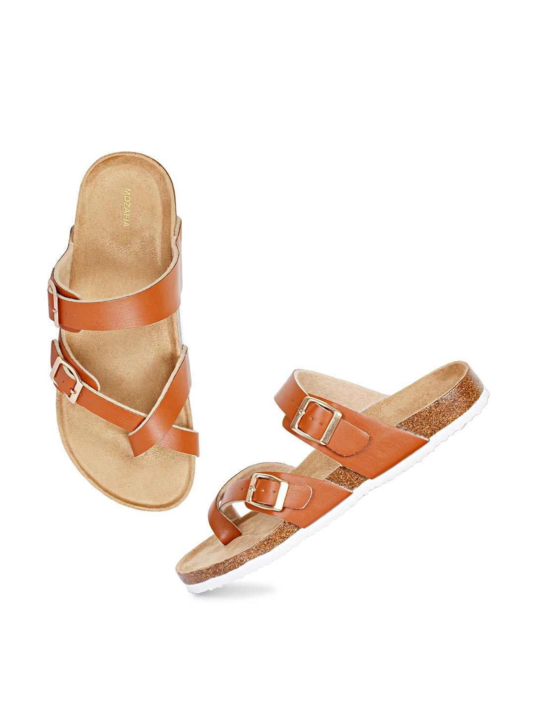 

MOZAFIA Buckled Textured One Toe Flats, Tan