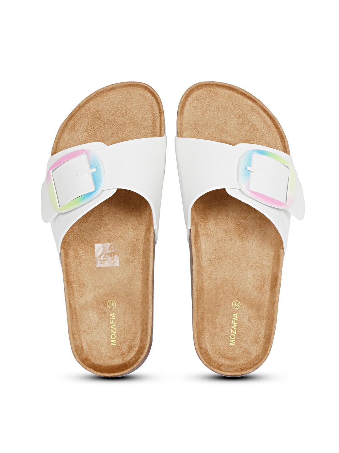 

MOZAFIA Buckled Open Toe Flats, White